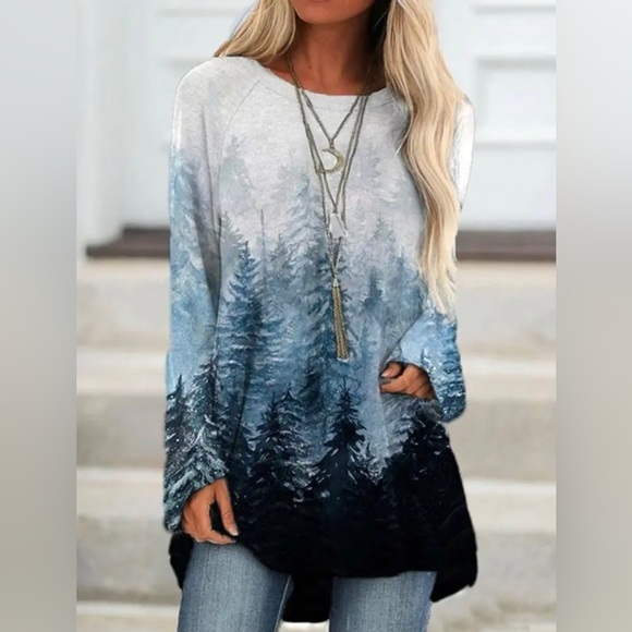 Tops - Long Sleeve Holiday Christmas Tree Crew Neck Shirt Women Size 3XL Blue NWOT